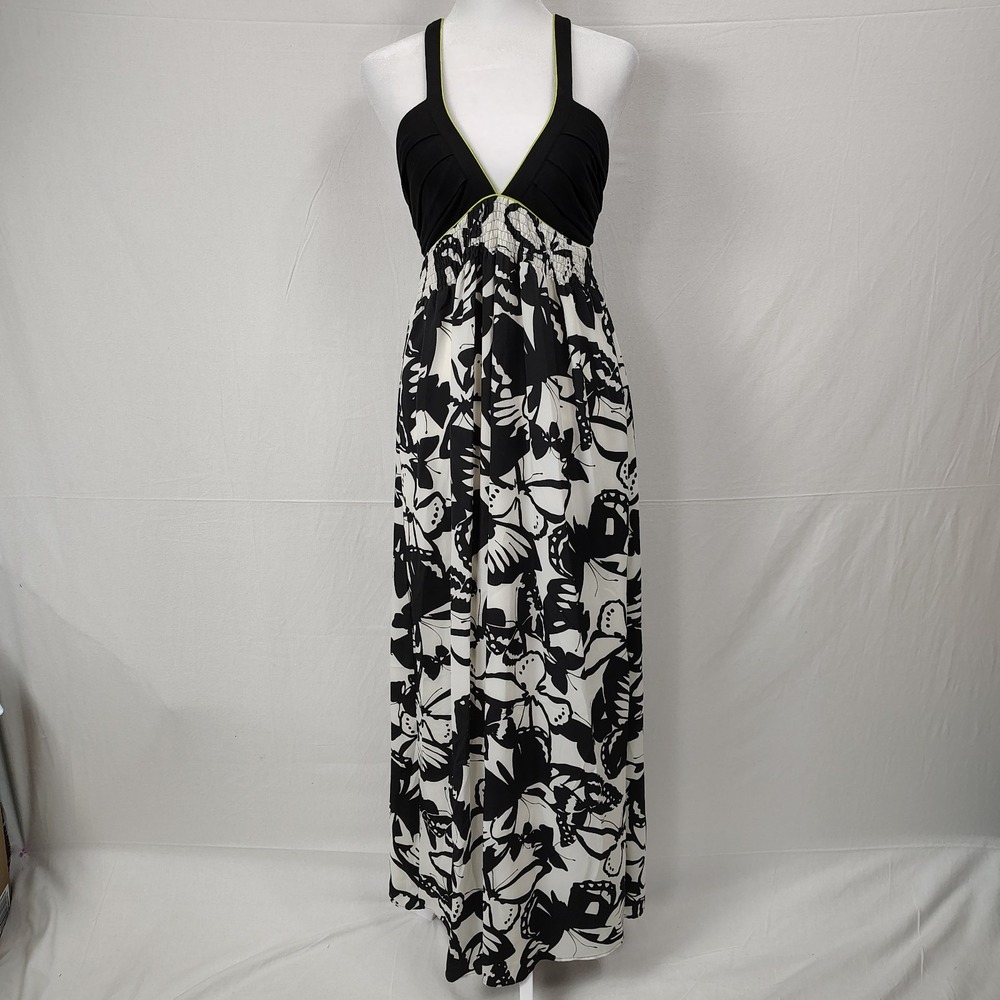 Arden B Maxi Babydoll Halter Dress Womens XS Black Butterfly Print Vacation Wear